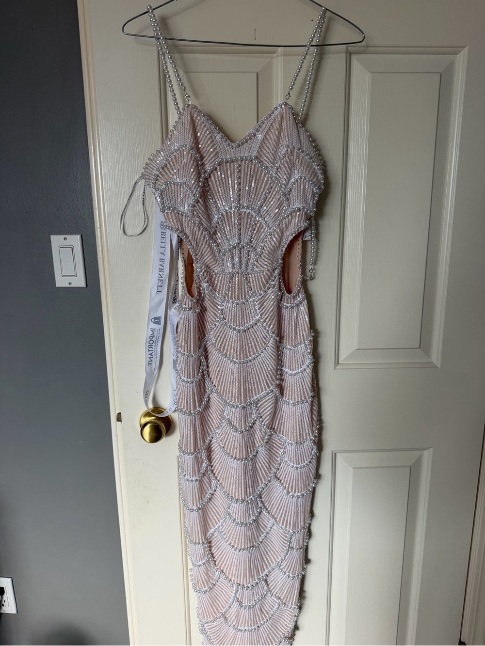 Blush Beaded Prom Dress with Decorative Cutouts